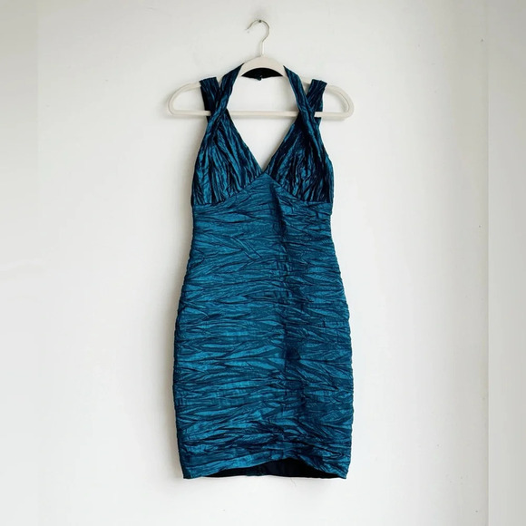 Vintage Niki Livas Teal Crinkle Satin Dress | 2000s Bodycon Mini | Y2K Cocktail - Picture 9 of 11